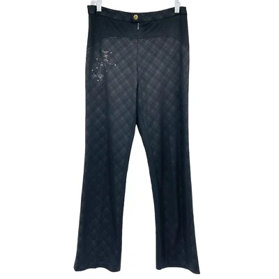 Pantalones acampanados a cuadros Y2K negros florales estrás cremallera punk gótico para mujer M Foto 1 de 4