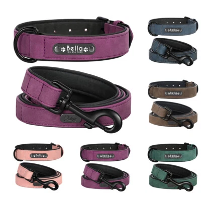 Custom Personalized Leather Dog Collar Leash Optional Padded ID Name Engraved  - Image 1 of 4