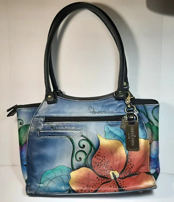 Anuschka Hand-Painted Leather Floral Lily Blue Shoulder Tote Bag - Imagem 1 de 4
