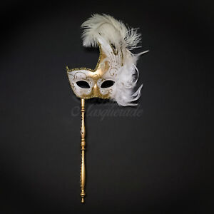 Handheld Stick Venetian Masquerade Mask for Women GoldWhite M6131