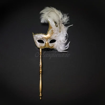 Handheld Stick Venetian Masquerade Mask for Women GoldWhite M6131 - Image 1 of 4