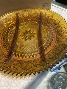 Tiara Indiana Glass Amber  3 Part Divided Relish 12" Tray Platter - Picture 1 of 3