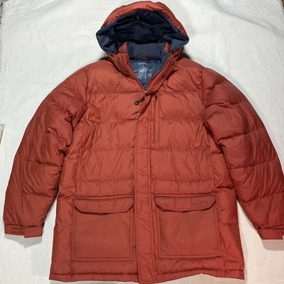 LL Bean Mountain Classic Down Parka Jacket Men's Large Orange Hooded Puffer - Image 1 of 4