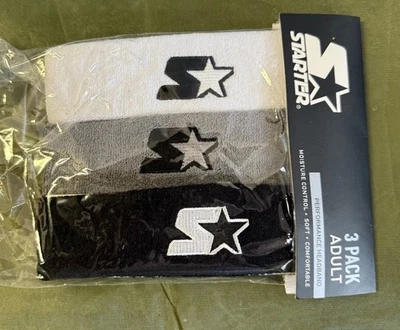 3-PACK OF STARTER HEADBAND SWEATBAND NEW BLACK WHITE AND GRAY NOS - Изображение 1 из 4