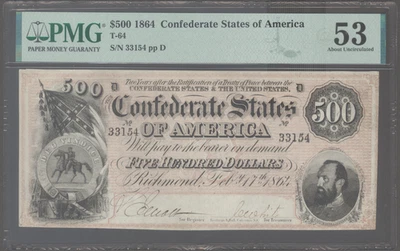T64 PF-2 1864 $500 Estados Confederados de América CSA S/N 33154 PMG 53 Foto 1 de 2