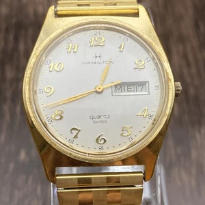 HAMILTON 9956 Swiss Made Quartz Gold Plate Day Date Men's 35 mm Watch WORKS! - Picture 1 of 9