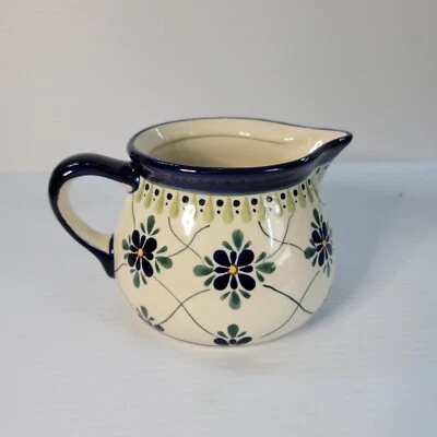 Polish Pottery Gravy Boat Pitcher Gingham Trellis 蓝色花卉 — 第 1/4 张图片