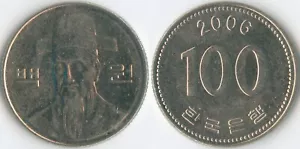 South Korea 2006 100 Won KM# 35.2 Admiral Yi Sun-Sin Mintage: 310,000,000 Cu-Ni - Picture 1 of 3