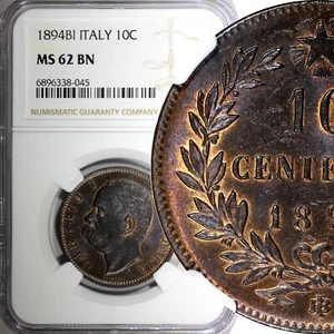 ITALY Copper Umberto I 1894 BI 10 Centesimi NGC MS62 BN Nice Toned KM# 27.1 (45) - Picture 1 of 5