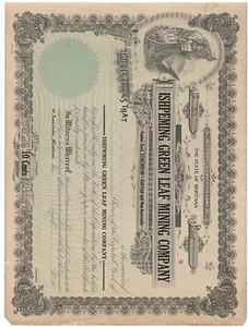 1910 Certificado de Stock Ishpeming Green Leaf Mining Co of Montana Liberty & Eagle - Imagen 1 de 1