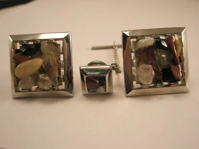 Juego de gemelos y corbatas vintage SWANK de guijarros de ágata Foto 1 de 4