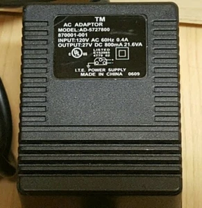 AC Adapter Model: AD-5727800 - P/N: 870001-001 - Input 120V AC - Output 27V DC - Picture 1 of 3