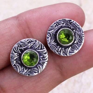 Peridot 925 Silver Plated Handmade Stud/Earrings of 0.5" - Picture 1 of 3