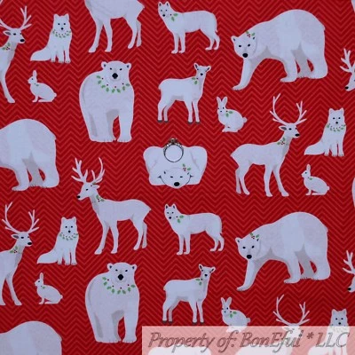 BonEful FABRIC FQ Cotton Quilt Red White Xmas Chevron Stripe Polar Bear Deer Boy - Image 1 of 4