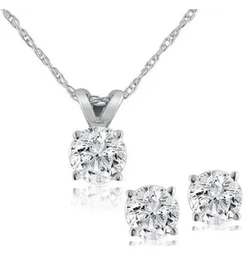 Real Moissanite Solitaire Necklace & Studs Earrings Set 3 Carat 14K White Gold - Image 1 of 4