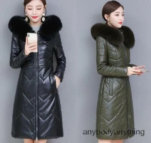 M-7XL Womens Fox Fur Collar Hooded Real Leather Down Jacket Thicken Warm Outwear - Picture 1 of 25