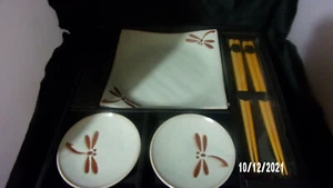 Boxed 6 Piece Set Kotobuki Japan Sushi Plate, Dish & Chopstick DRAGONFLY DESIGN - Picture 1 of 4