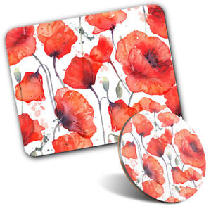 1 Mouse Mat & 1 Round Coaster Watercolour Red Poppy Flowers Poppies #52421
