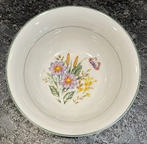 Flower Garden 7 1/4” White Bowl Green Trim Floral Flowers Butterfly, Soup Cereal - Picture 1 of 3