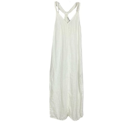 OFF WHITE Abito Rachel Zoe nuovo senza etichette M lino garza intrecciato spalline spacco lato bianco sporco midi maxi