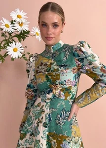 Kate Ford Adana Ruched Mini Dress Sz 2 AU 10 US 6 Multicolour Floral Long Sleeve - Picture 1 of 19
