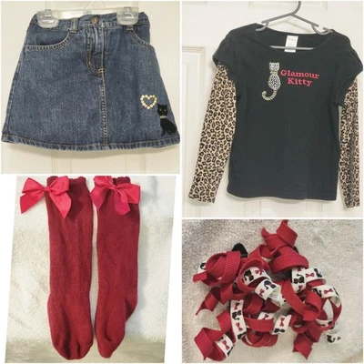 2007 5 Gymboree GLAMOUR KITTY Cat Lot Skirt Skort Top Shirt Hair curlies, Socks - Image 1 of 4