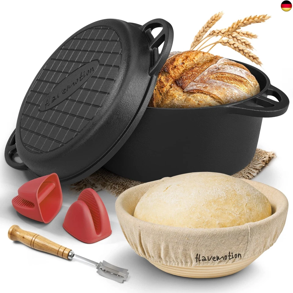 FLAVEMOTION Gusseisen Topf zum Brot backen - Starter-Set mit Gärkorb, Bäckermesser und B