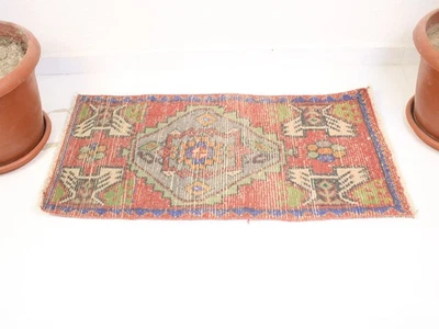 Red Vintage Turkish Rug 1.6x3 ft - Handwoven Wool Doormat Tribal Kilim - image 1 of 4