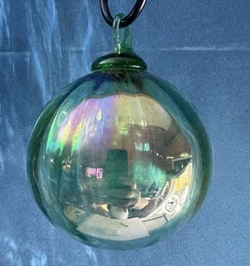 Hand Blown Hanging Art Glass Ball Iridescent Emerald Green Christmas Ornament - Picture 1 of 11
