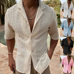 Camisa de punto informal ajustada de manga corta con botones para hombre Blusa - Imagen 1 de 12