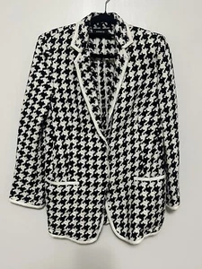 AKRIS Black White Houndstooth Linen Faux Leather Trim Blazer Jacket F44 6 $3990 - Picture 1 of 8
