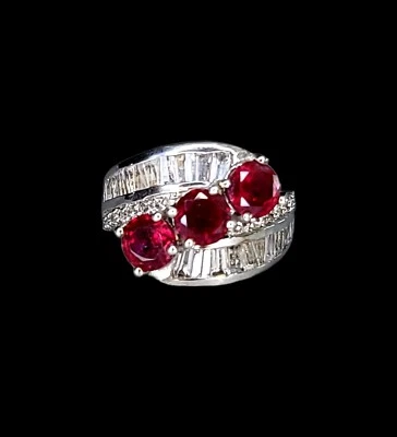 Rhodium-Plated 925 Sterling Silver  4.00 CTW 3 Stone Chatham Ruby Cocktail Ring. - Image 1 of 4