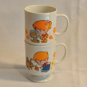 VTG Boy Girl Coffee Cups A Girl Boy Is Poems Flowers Kitten Dog White Japan 70s - Imagen 1 de 12