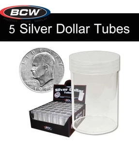 5 BCW Round Tubes Coin Storage for Large Dollar Size w/ Screw On Caps Clear Top - Picture 1 of 6
