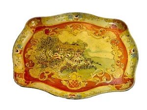 Vintage Paper Mache Tray Country Cottage Scene Alcohol Proof Made In Japan - Picture 1 of 6