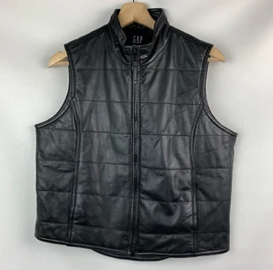 GAP Vest Black Leather Stand Collar Zip Pockets Stitch Design Lined Size S - Picture 1 of 7