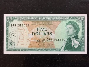 Easy Caribbean Currency Authority 5 Pounds G Overprint UNC - Picture 1 of 2