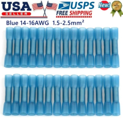 1000pcs AWG 14-16 Gauge Blue Heat Shrink Butt Wire Connectors Crimp Terminals US - Image 1 of 4