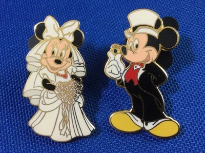 Disney Pin Groom Mickey w/ Wedding Ring & Bride Minnie w Heart Bouquet 2 Pin Set - Image 1 of 2