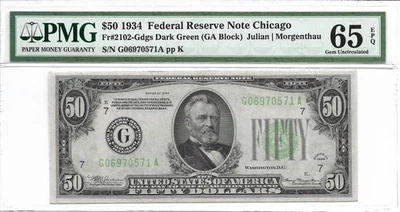 1934 $50 CHICAGO FRN. PMG GEM Uncirculated 65 EPQ Banknote. - Image 1 of 2