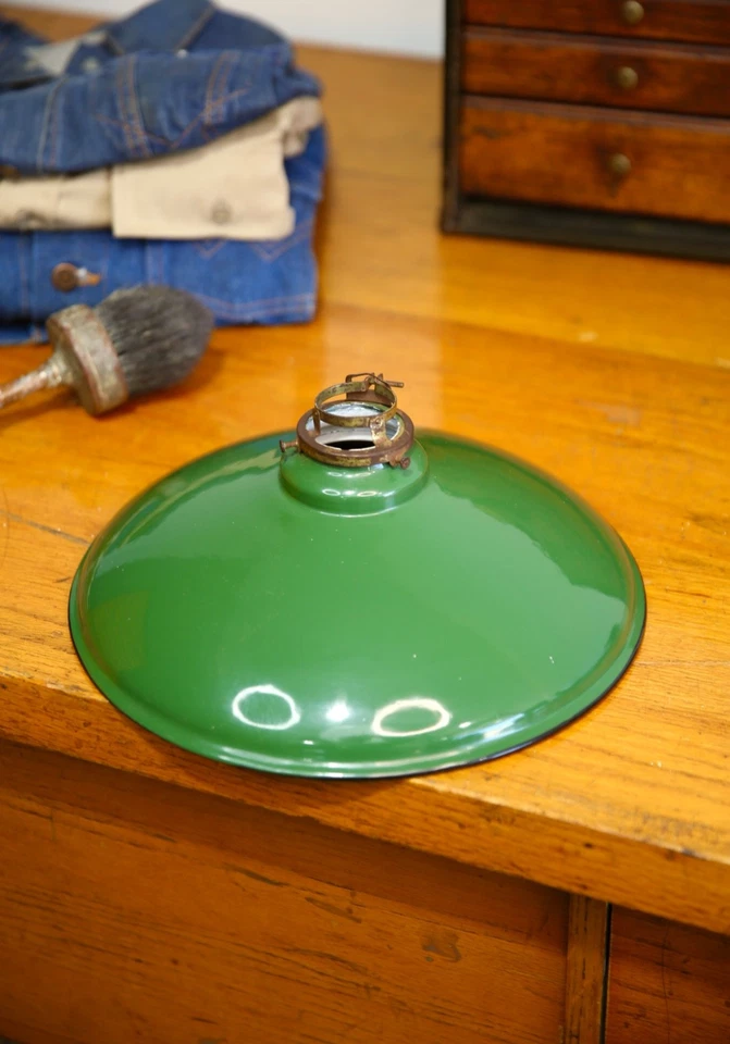 Antique Porcelain Enamel Industrial Ceiling Light Lamp Shade Green 12" Brass VTG - Image 1 of 4