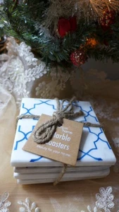 Set/4 Marmor Untersetzer Weiß Blau Marine Royal Quadratisch 4" Tischuntersetzer mit Filz Geschenk - Bild 1 von 7