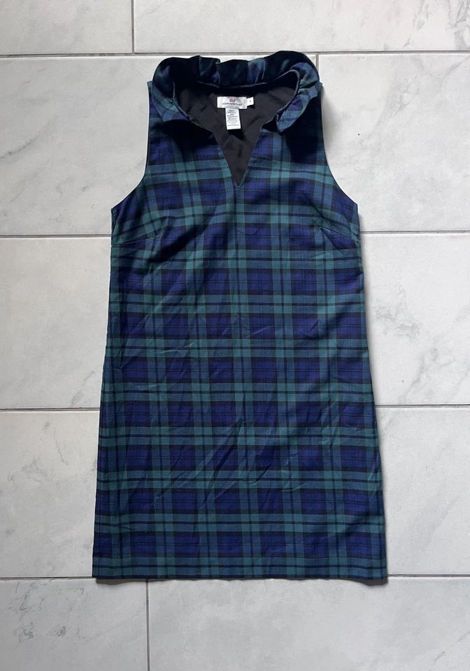 Vestido Vineyard Vines para mujer 4 azul verde a cuadros sin mangas con volantes cuello forrado Foto 1 de 4