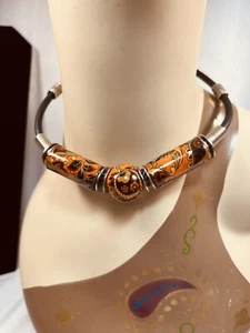 Vintage Jewelry ONLY Black Leather Necklace With Ceramic Orange Beads - Picture 1 of 6