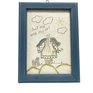 Framed Angel Just Me and My Cat Embroidered Sampler 7x5 Rustic Folk Art Country - Picture 1 of 5