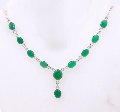 8.20 GM 925 Argento Sterling Verde Naturale Onice Gemma Lunetta Collana Misura - Immagine 1 di 4
