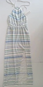 Mink-Pink dress Striped halter-neck corded blue white green front split Maxi NWT - Picture 1 of 6