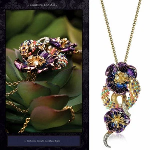 NEW $780 ROBERTO CAVALLI Gold Tone SNAKE FLOWER Enamel Swarovki Crystal NECKLACE - Picture 1 of 12