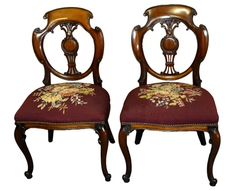 Antique Regency Style Pair of Mahogany Rounded Back Chairs w/Needlepoint Seat Cover