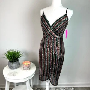 Betsey Johnson Womens Sheath Dress Multicolor Size 2 Sequin Striped Surplice - Picture 1 of 12